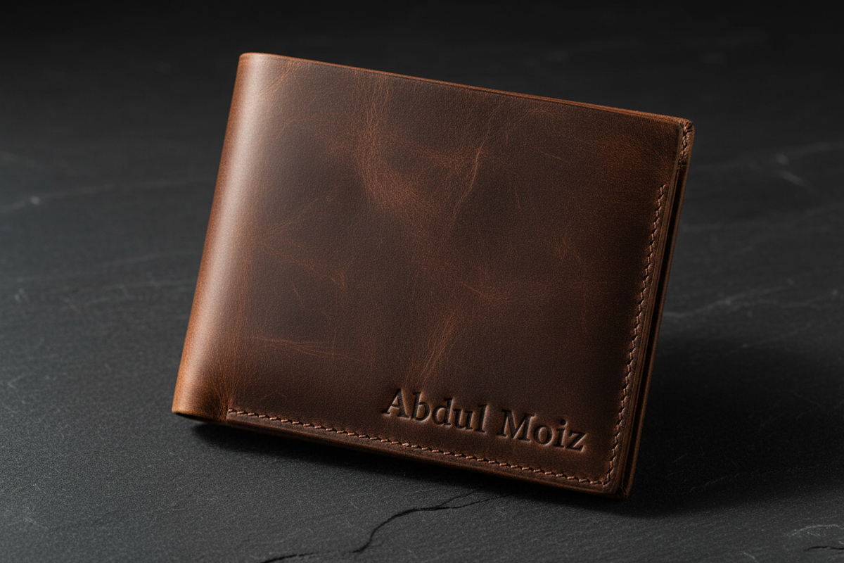 Brown leather wallet with 'Abdul Motz' branding on a dark background